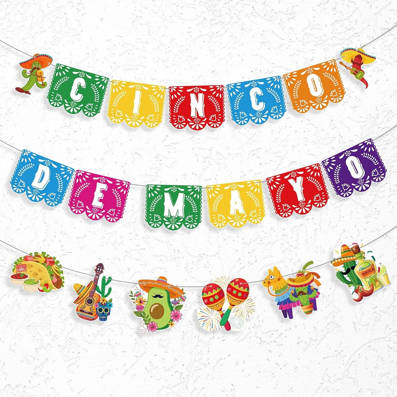 3 Pcs Cinco de Mayo Fiesta Banners – Mexican Party Hanging Garlands with Sombrero, Cactus, Donkey & Guitar – Colorful Mexican Fiesta Decorations for Birthday, Carnival & Mother's Day Card Making